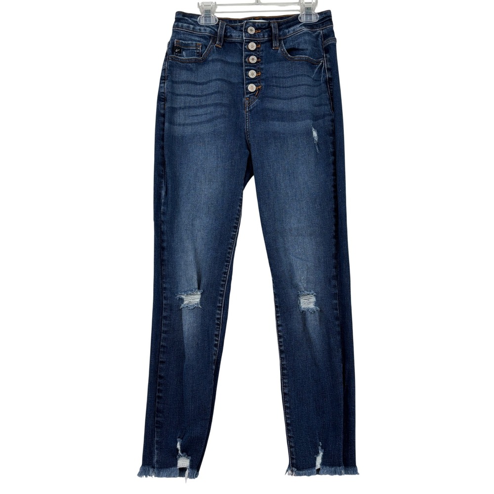 Kancan Skinny Jeans Size 7 Dark Wash High Rise Distressed Button Fly Frayed Hem